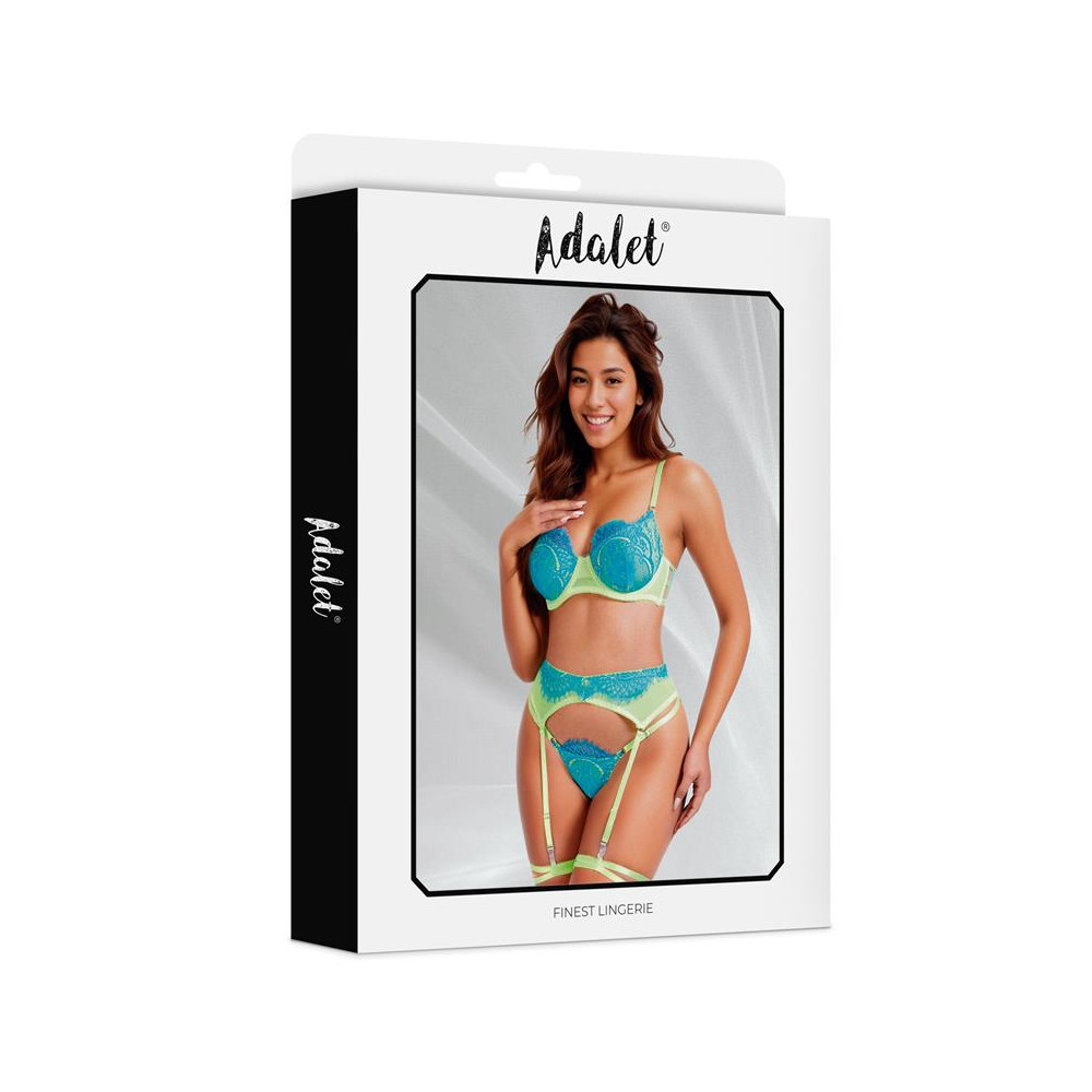 Harlow Set Sujetador, Tanga, Liguero y Liga Amarillo y Azul