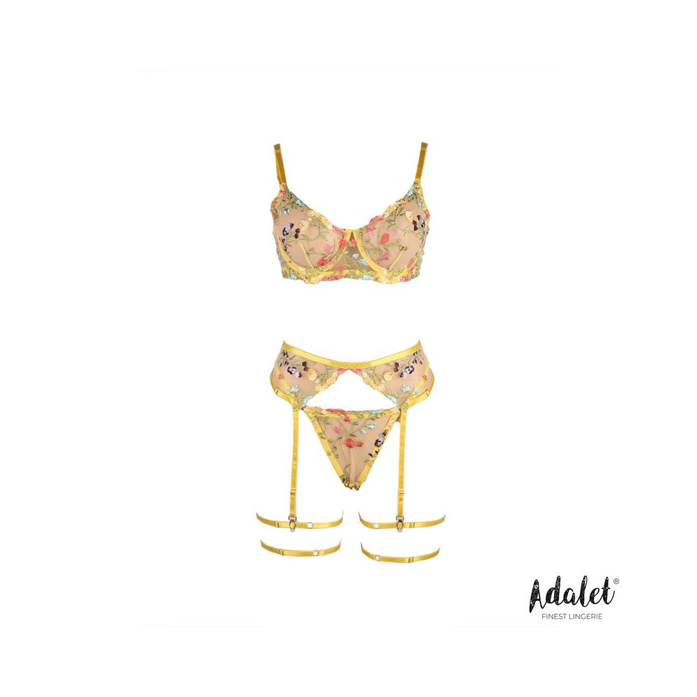 Zoey Set Sujetador, Tanga, Liguero y Ligas Amarillo Floral
