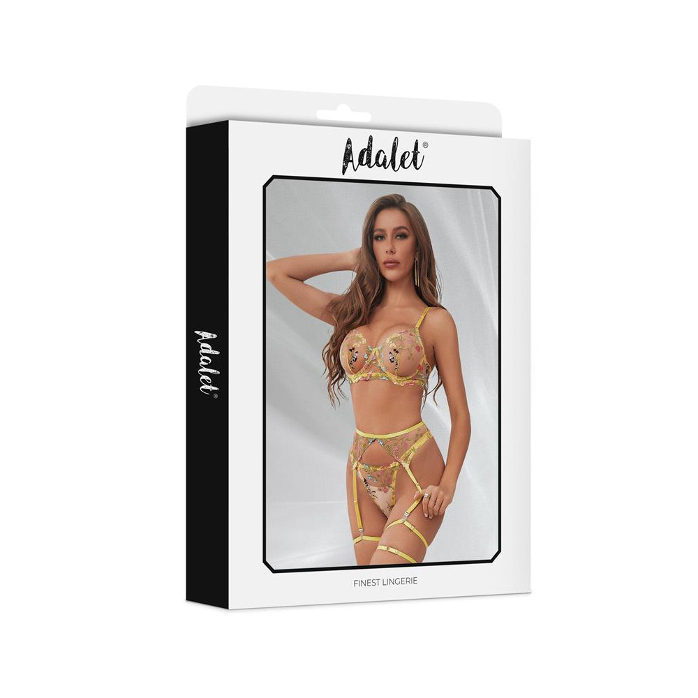 Zoey Set Sujetador, Tanga, Liguero y Ligas Amarillo Floral