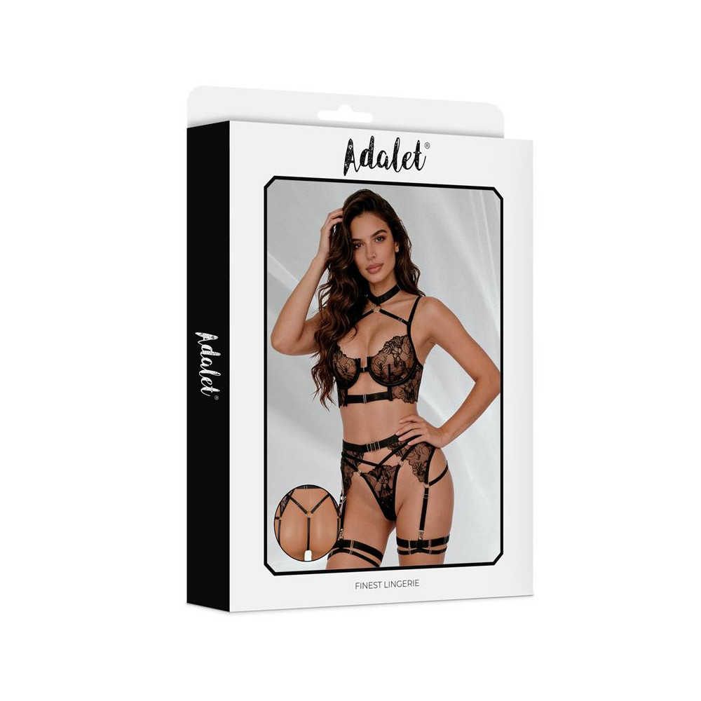 Hyacinth Set Sujetador, Tanga y Liguero Negro