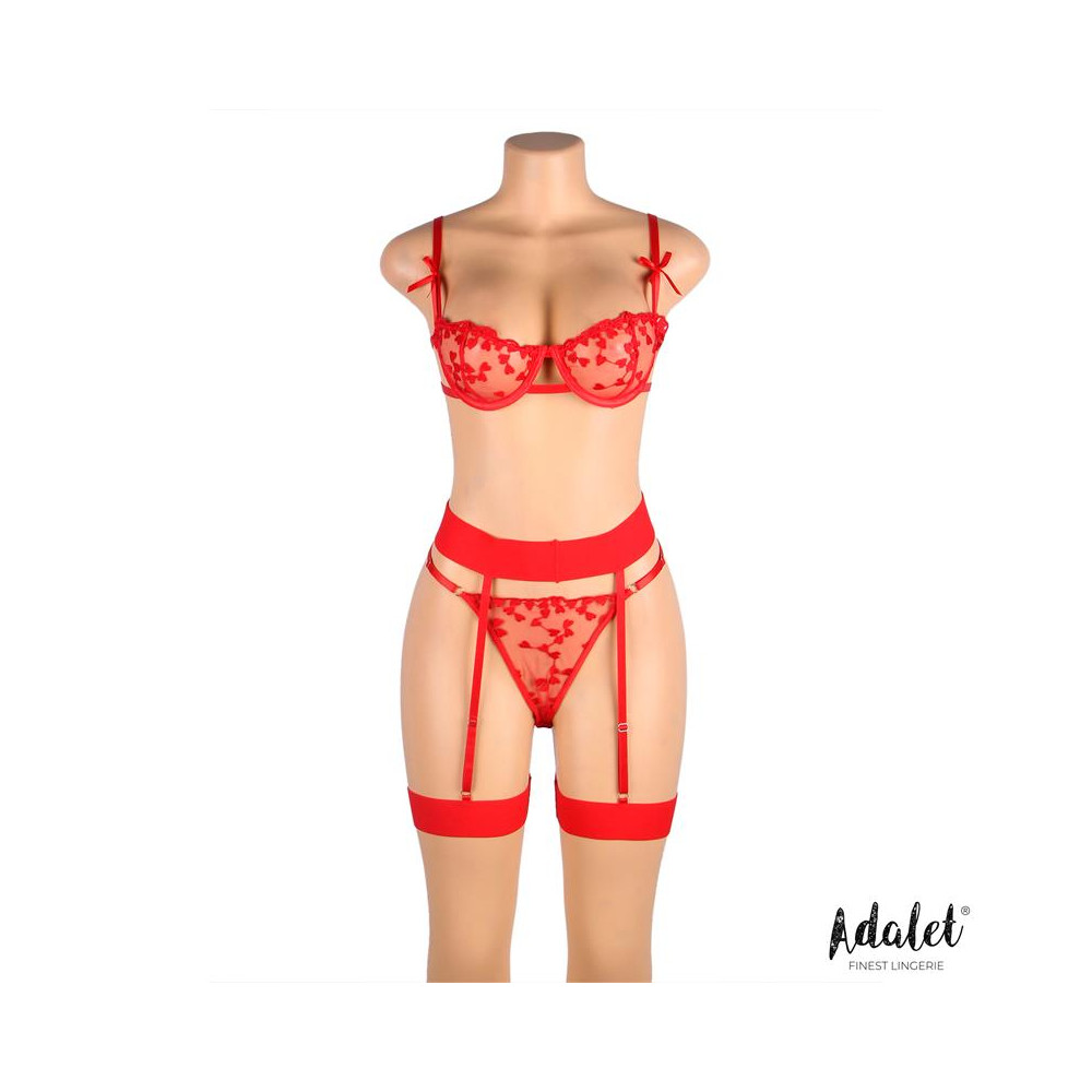Yvonne Set Sujetador, Tanga y Liguero con Corazones Rojo
