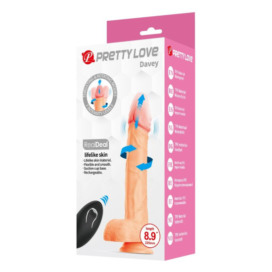 Davey Dildo Realista Vibracion, Empuje y Rotación 22,5 cm Control Remoto Natural