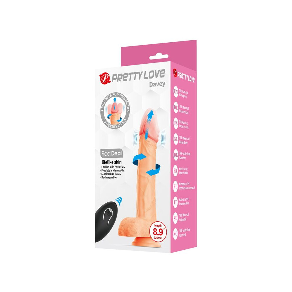 Davey Dildo Realista Vibracion, Empuje y Rotación 22,5 cm Control Remoto Natural