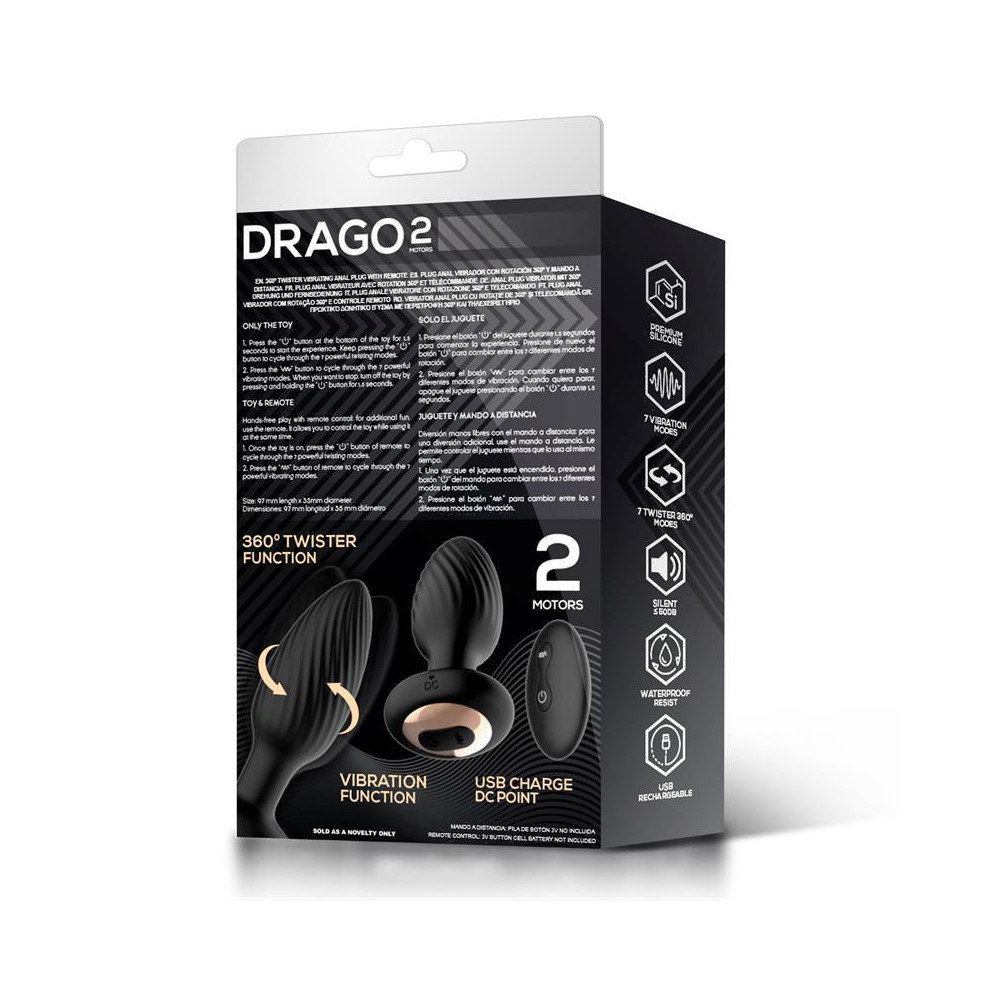 Drago Plug Anal Vibración, Movimiento Twister 360º y Control Remoto
